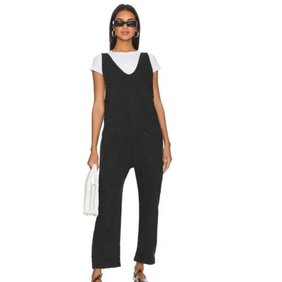 Free People We The Free High Roller Denim Jumpsuit Mineral Black Size Large - Picture 6 of 14